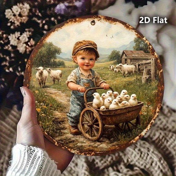 HELLOYOUNG Vintage Metal Wall Art "Boy with Wheelbarrow" Rustic Aluminum Circle Decor Indoor Garden Gift Home Decor Wall Sculpture for Living Room Patio