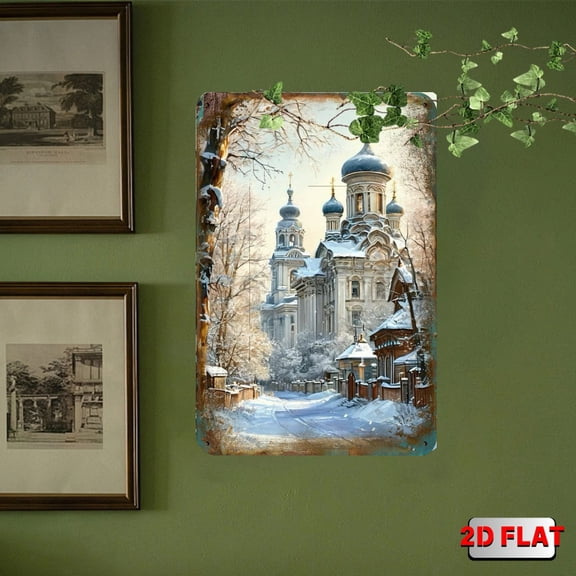 HELLOYOUNG Vintage Metal Wall Art Decor - Snowy Church Scene Industrial Heavy Iron Rustic Sign, 2D Steel Home Decor Wall Sign for Living Room Bedroom Office