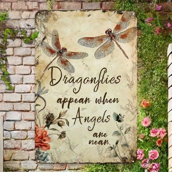 HELLOYOUNG Vintage Metal Wall Art Dragonfly Angels Are Near Quote Rustic Farmhouse Decor for Indoor Outdoor