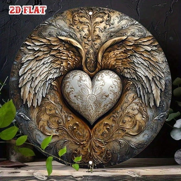 HELLOYOUNG Vintage Metal Wall Art Heart with Angel Wings, Frameless Round Aluminum Decor Embossed Golden Accents for Home Decor