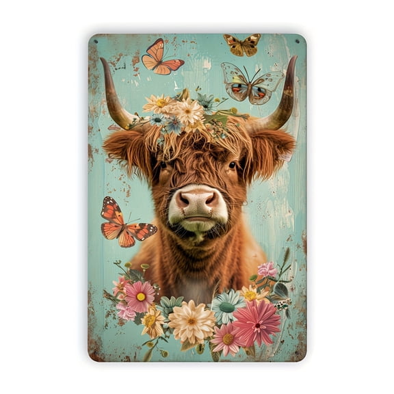 HELLOYOUNG Vintage Metal Wall Art Highland Cow Tin Sign, Floral Decor for Bar Cafe Gym Home, 8x12 Inch Portable Hanging Decoration Wall Decor