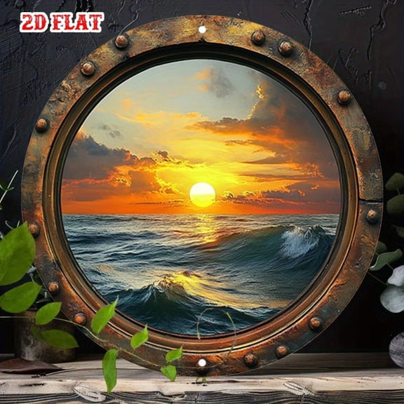 HELLOYOUNG Vintage Metal Wall Art Ocean Sunset Coastal Decor with Circular Window Design Frameless Round Beach Sign for Living Room
