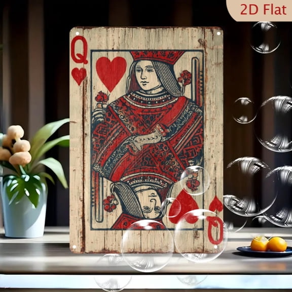 HELLOYOUNG Vintage Metal Wall Art Queen Heart Poker Sign, Red Black Checkered Home Bar Decor, Vintage Tin Poster for Cafe Game Room Man Cave