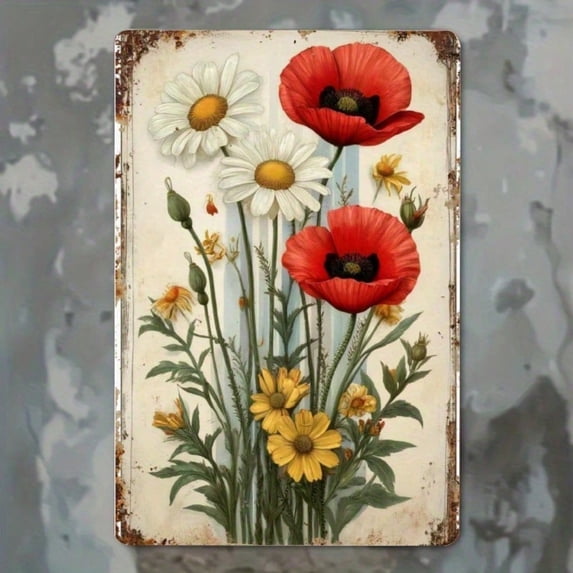 HELLOYOUNG Vintage Metal Wall Art Red Poppies Flowers 8x12 Inch Iron Decor for Living Room Bedroom Wall Hanging