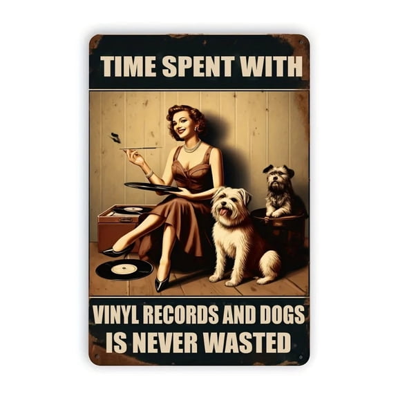 HELLOYOUNG Vintage Metal Wall Art Retro Vinyl Record & Dog Sign, Funny Waterproof 8x12 Inch Plaque Decor for Home Bar Garage Man Cave