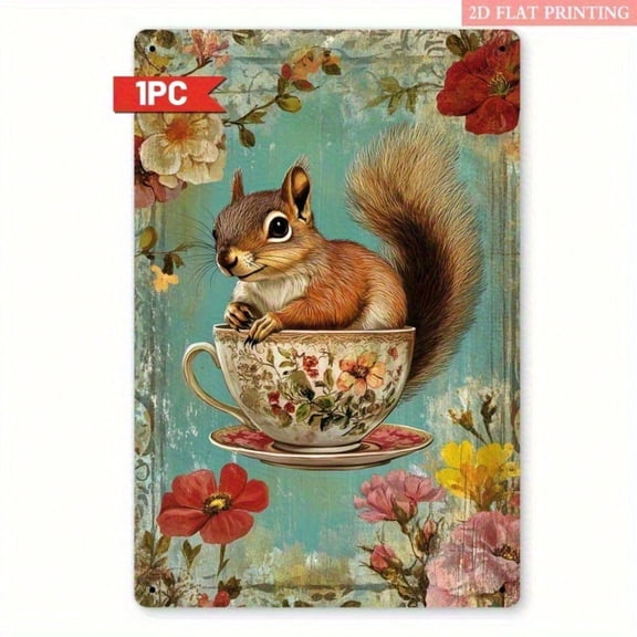 HELLOYOUNG Vintage Metal Wall Art Rustic Squirrel Floral Sign for Farmhouse Living Room Decor