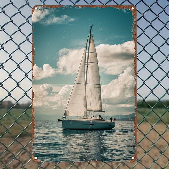 HELLOYOUNG Vintage Metal Wall Art, Sailboat Retro Iron Ship Sign for Home Decor, Bedroom Cafe Bar Wall Hanging with Antique Weathered Finish, Unique Nautical Theme Gift