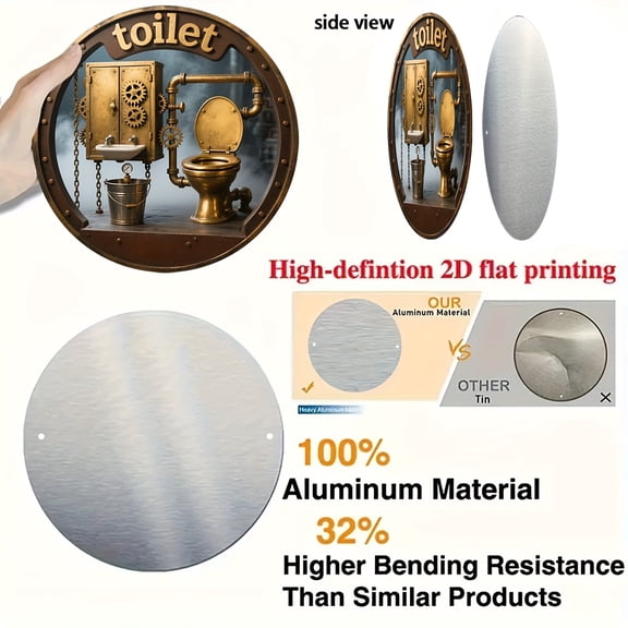 HELLOYOUNG Vintage Metal Wall Art Sign, 2D Printed Aluminum Bathroom Decor with Intricate Steam Punk Gears, Unique Toilet Bathroom Wall Art for Home Office