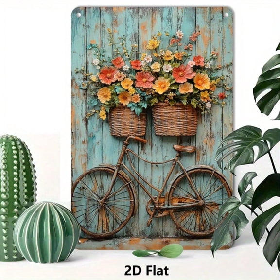 HELLOYOUNG Vintage Metal Wall Art Sign Bicycle Decor Rustic Flowers on Turquoise Wood Background Durable Home Office Decor