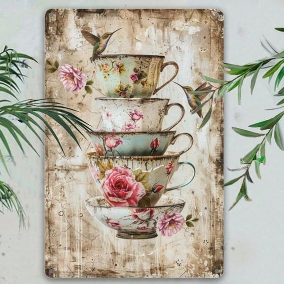 HELLOYOUNG Vintage Metal Wall Art Sign Teapot & Mug Retro Flower Hummingbird Design Decorative Wall Hanging for Home Cafe Decor New Arrival Birthday Gift for Women Boyfriend Plaques & Signs