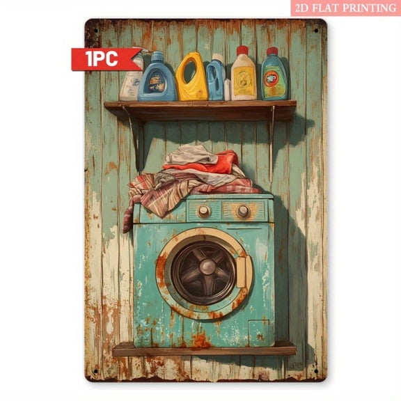 HELLOYOUNG Vintage Metal Wall Art Washing Machine Sign, Retro Laundry Room Decor for Farmhouse, Rustic Tin Sign 8x12 Inch