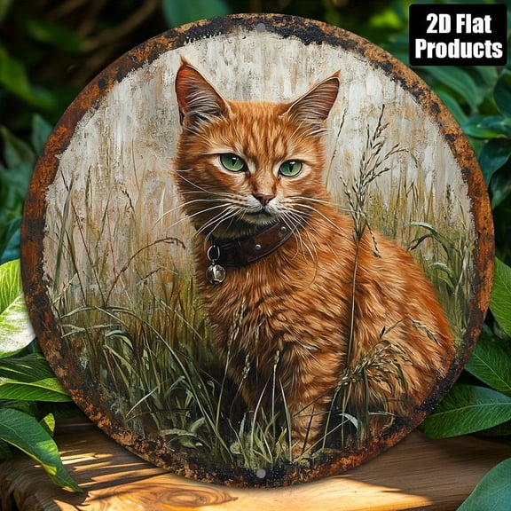 HELLOYOUNG Vintage Metal Wall Art for Cat Lovers, 2D Round Cat Sign, 8x8 Inch Aluminum Kitchen Bar Home Office Decor, Gift for Pet Owners