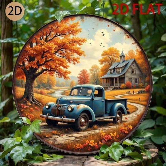 HELLOYOUNG Vintage Metal Wall Decor Blue Pickup Truck Autumn Fall Foliage Landscape Tin Sign 2D Flat Retro Art Rustic Farmhouse Country House