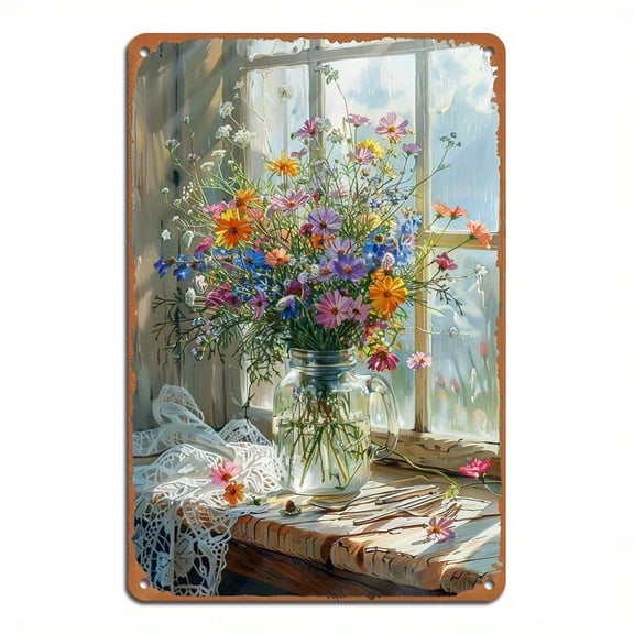HELLOYOUNG Vintage Metal Wall Decor Retro Wildflower Sign, Rustic Farmhouse Hanging Art with Vase, Weather-Resistant Indoor Outdoor Decor