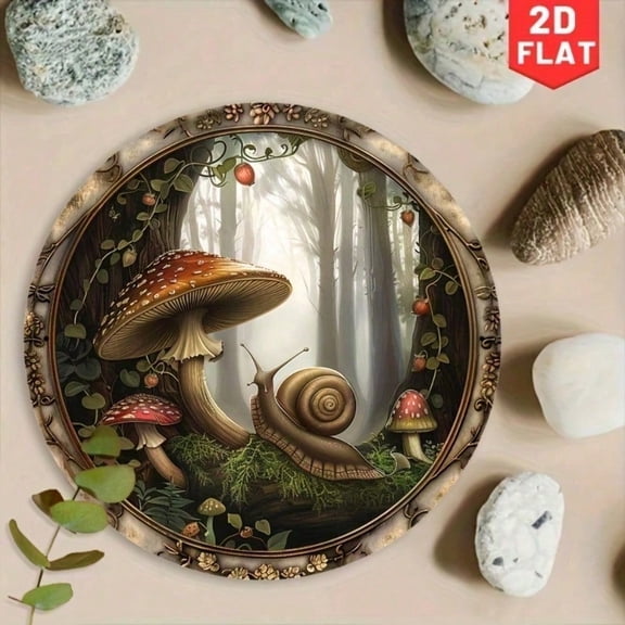 HELLOYOUNG Vintage Metal Wall Decor Round Sign, 2D Retro Mushroom Forest Wall Art, Aluminum Rustic Home Decor for Living Room Bedroom