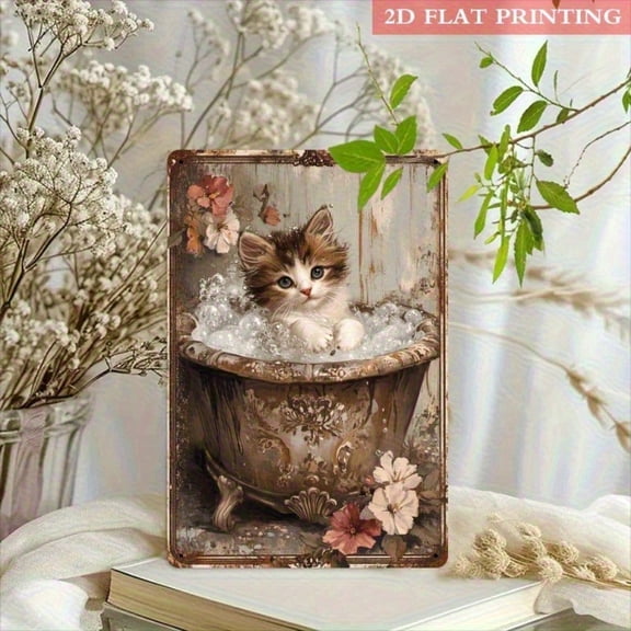 HELLOYOUNG Vintage Metal Wall Decor Sign Cute Kitten Bubble Bath Aluminum Plaque Retro Floral Print Art Home Bedroom Living Room Decoration
