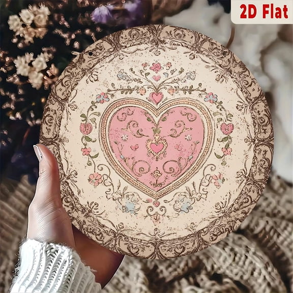 HELLOYOUNG Vintage Metal Wall Decor, Victorian Round Heart Wall Art, Antique Pink Floral with Lace Finish, Wedding Anniversary Aluminum Hanging Decor for Living Room