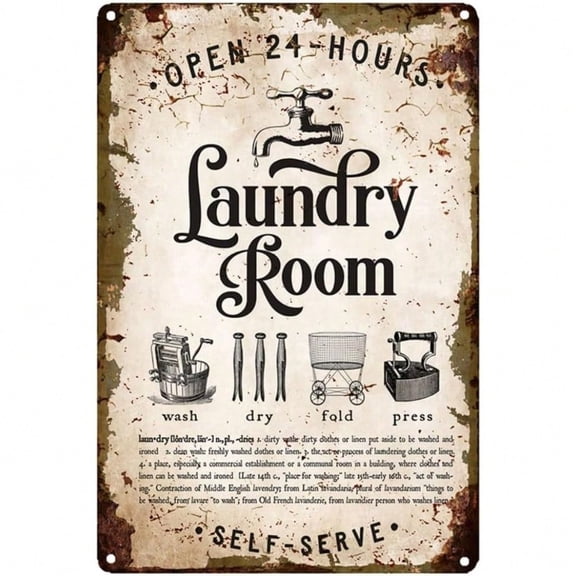 HELLOYOUNG Vintage Metal Wall Sign 12x8 Inch Rustic Laundry Room Decor, Retro Self-Serve 24H Tin Sign for Home Kitchen Cafe Bar Rust