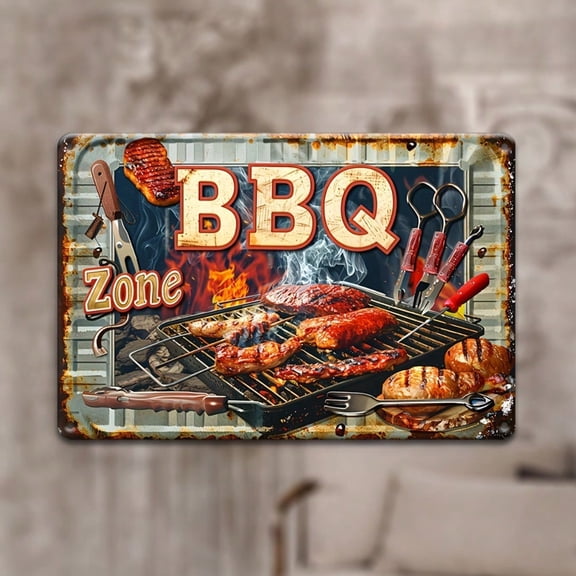 HELLOYOUNG Vintage Metal Wall Sign 12x8 Inches Retro BBQ Zone Rustic Grilling Decor for Outdoor Patio Restaurant Wall Art English Text