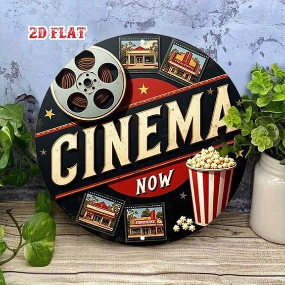 HELLOYOUNG Vintage Metal Wall Sign 7.87 Inch Round Retro Cinema Aluminum Art Decor, Film Strip Popcorn Design for Classic Movie Theater Room, Unique Wall Accent