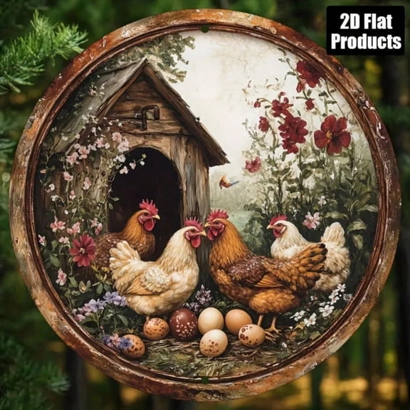 HELLOYOUNG Vintage Chicken Egg Metal Sign Round Wall Art Farmhouse Decor for Home Office Party Friend Gift