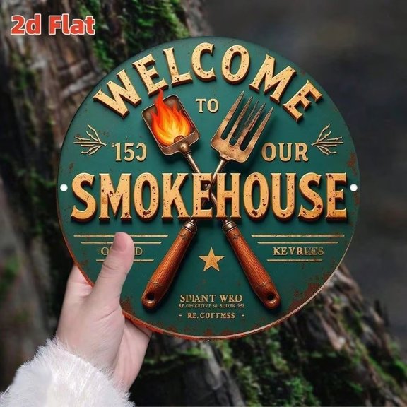 HELLOYOUNG Vintage Metal Wall Sign Retro BBQ Decor Rustic Heavy-Duty Plaque Dark Green Smokehouse Art for Indoor Outdoor Garden Bar Cafe
