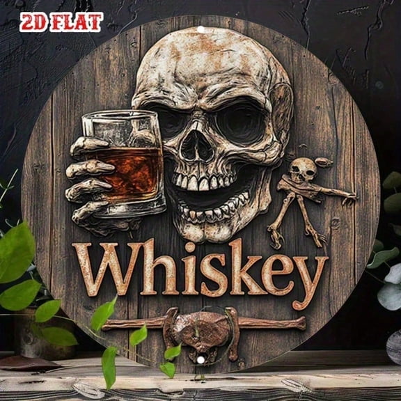 HELLOYOUNG Vintage Metal Wall Sign Skull & Whiskey Bar Decor, Rustic 2D Plaque for Home, Classic Old West Tin Art Sign
