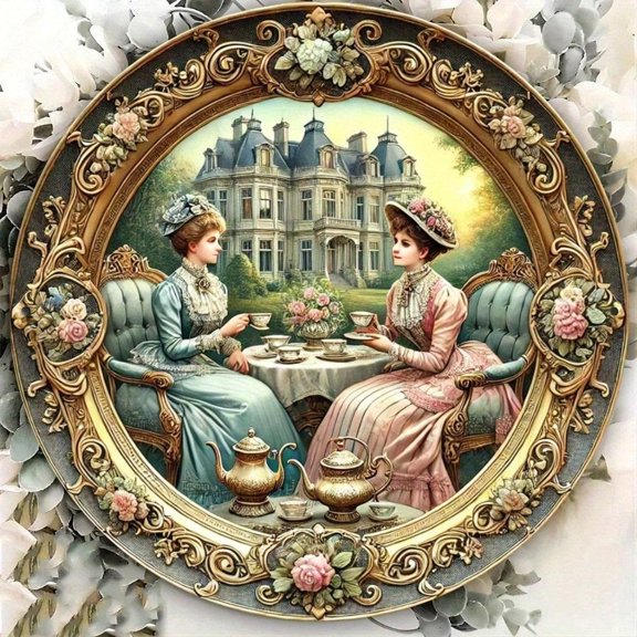 HELLOYOUNG Vintage Metal Wall Sign Victoria Garden Tea Party Decor, 8x8 Inch Round Elegant Women Floral Scene Art, Rustic Hole Pattern for Tea Room Office Dining Cafe Wall Hanging