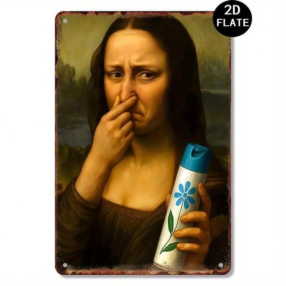 HELLOYOUNG Vintage Mona Lisa Metal Wall Sign 12x8 Inch 2D Flat Funny Bathroom Art Decor Retro Aesthetic Toilet Sign with Pre-Drilled Holes
