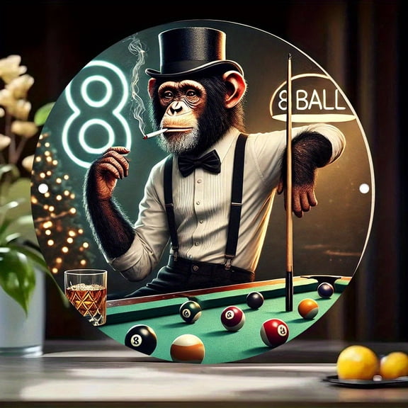 HELLOYOUNG Vintage Monkey Billiards Player Round Aluminum Sign 8 Inch Wall Art Home Bar Man Cave Decorative Gift