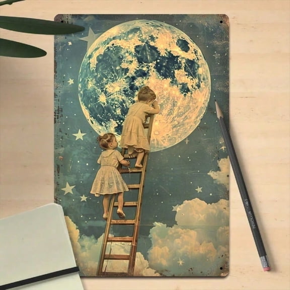 HELLOYOUNG Vintage Moon Metal Wall Art Iron Climbing Ladder Rustic Decor for Living Room Bedroom 8x12 Inch