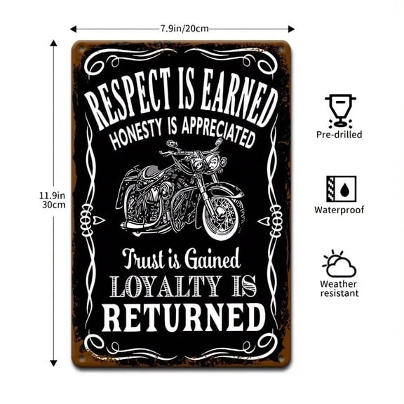 HELLOYOUNG Vintage Motorcycle Metal Sign "Respect Is Earned" Quote Wall Decor for Garage, Biker Gift 8x12 Inch