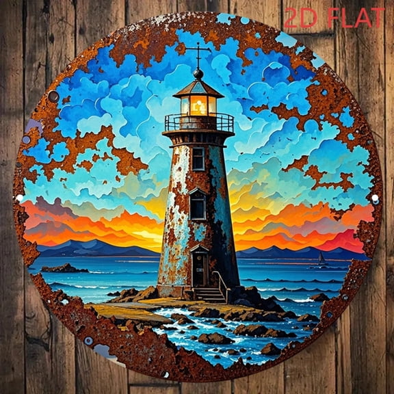 HELLOYOUNG Vintage Nautical Lighthouse Metal Sign Round Wall Art 8 Inch Rustic Coastal Home Bar Decor Housewarming Gift