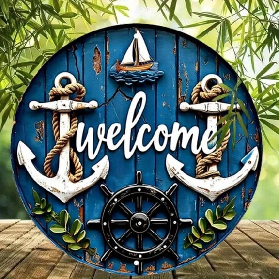 HELLOYOUNG Vintage Nautical Metal Wall Sign 7.8" Anchor Ship Wheel Sailboat Theme For Beach Home Bar Outdoor Garden Dcor Plaques & Signs
