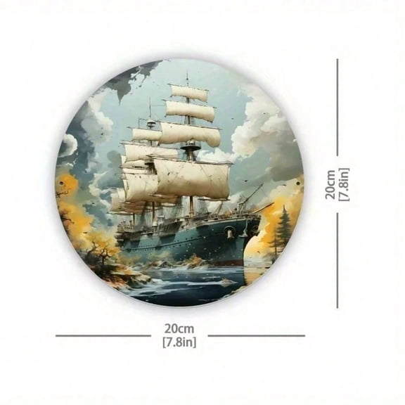 HELLOYOUNG Vintage Nautical Ship Metal Tin Sign Stormy Seas Sailboat Round Wall Decor 8x8 Inch Retro Rustproof Coastal Art for Home Bar Pub M