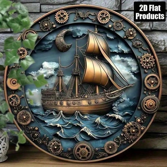 HELLOYOUNG Vintage Nautical Ship Wall Art Gold Blue Metal Sign, 2D Rustic Home Decor Plaque for Living Room, Coastal Farmhouse Indoor Decoration