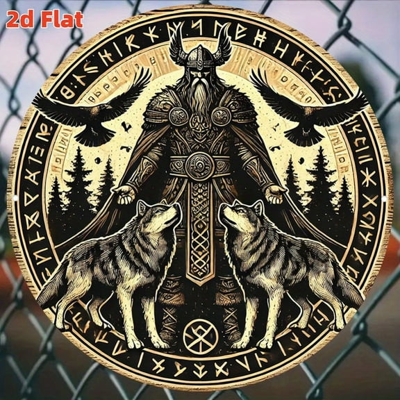 HELLOYOUNG Vintage Norse Mythology Odin Wall Decor - 2D Flat Aluminum Sign, HD Print with Wolves, Symbolic Art for Bar Cafe