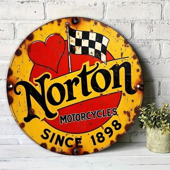 HELLOYOUNG Vintage Norton Motorcycle Metal Sign, 8 Inch Round Checkered Flag Aluminum Wall Decor for Home Caf Bar Garage, Rustic Retro Racing Art