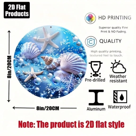 HELLOYOUNG Vintage Ocean Theme Starfish Shells Beach Decor, 8x8" Round 2D Flat Aluminum Wall Art Sign for Office