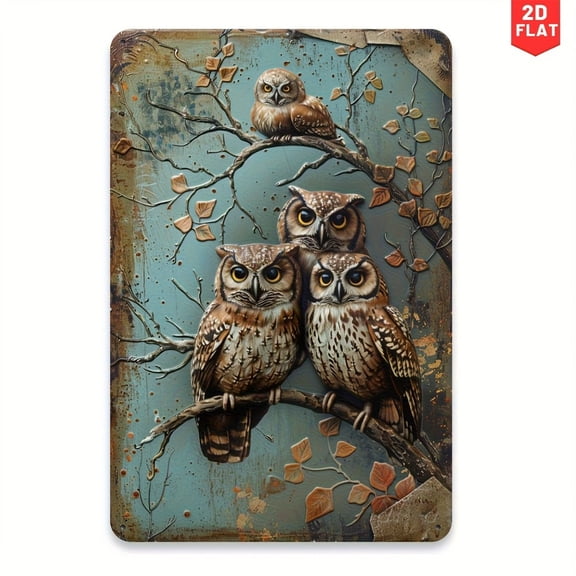 HELLOYOUNG Vintage Owl Metal Tin Sign - Rustic Blue & Brown Design with Leaves, Indoor/Outdoor Wall Art for Home Office Cafe Garage Decor