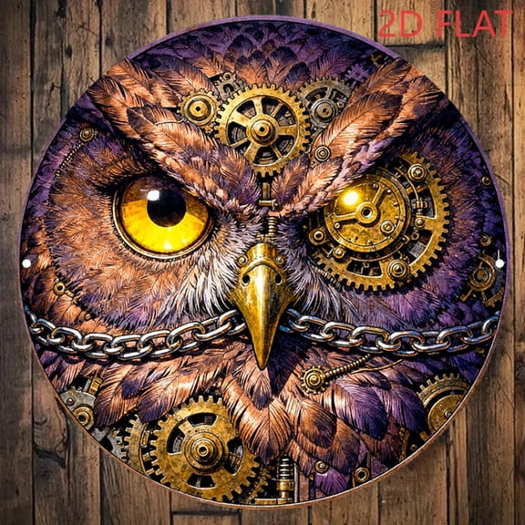 HELLOYOUNG Vintage Owl Wall Art Steampunk Gear Metal Sign 8in Round Aluminum Decor Gothic Unique Gift for Home Bar