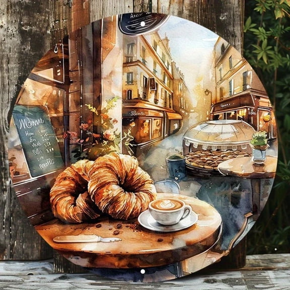HELLOYOUNG Vintage Parisian Cafe Tin Sign 8" Round Aluminum Metal Wall Art Pre-Drilled Retro Home Decor for Kitchen Bar