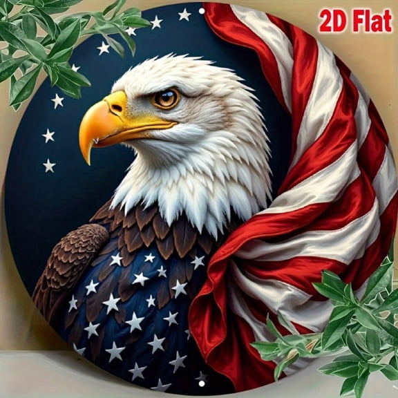 HELLOYOUNG American Flag Eagle Metal Sign 2D Round Patriotic Wall Decor for Home Office Man Cave Military Gift Metal Tin Art