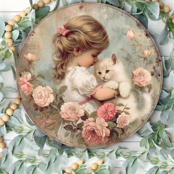 HELLOYOUNG Vintage  Petal & White Cat Aluminum Sign -Foil Print Metal Wall Art for Indoor/Outdoor Home Restaurant Cafe Garage