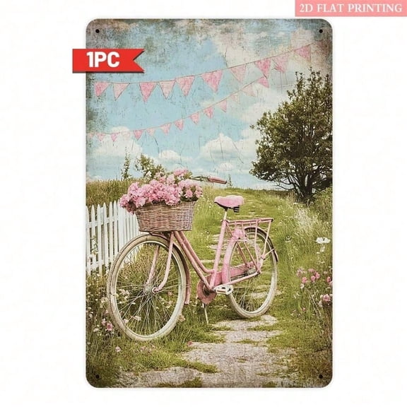 HELLOYOUNG Vintage Pink Bicycle Flower Basket Rustic Farmhouse Wall Decor Shabby Chic Cottage Garden Metal Sign for Bedroom