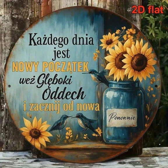 HELLOYOUNG Vintage Polish Language Aluminum Sign 8x8 Round, New Beginnings Life Motto Metal Wall Art Plaque