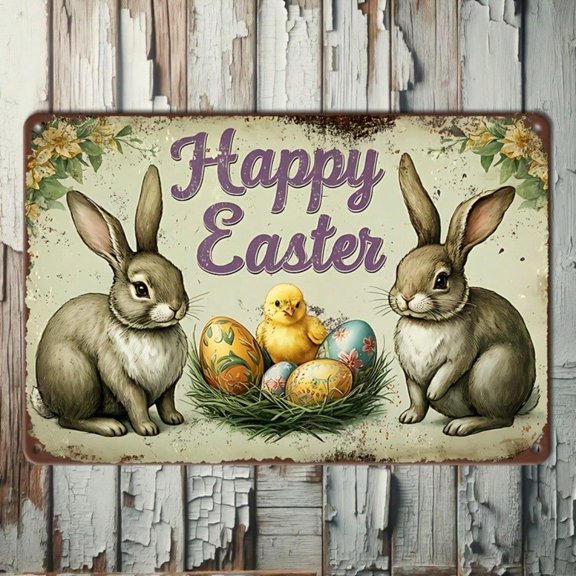 HELLOYOUNG Vintage Rabbit Easter Metal Sign 2D Iron Plate Wall Art Decor for Spring Country Home Garden Party Supplies