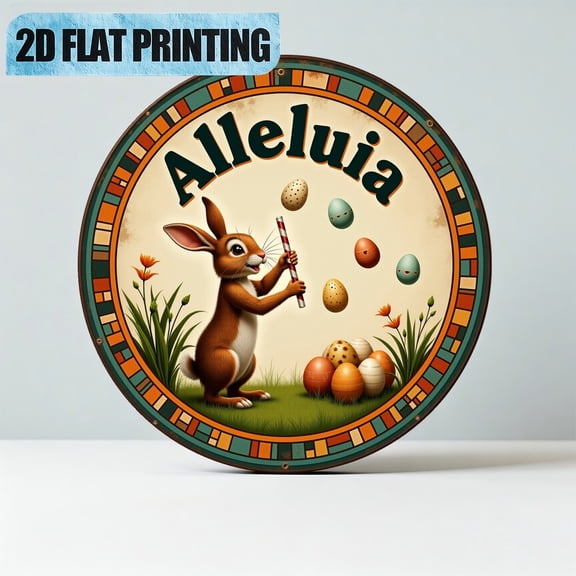 HELLOYOUNG Vintage Rabbit Juggling Eggs Round Metal Wall Art, 11.81x11.81 Floral Easter Decor for Home Kitchen Office