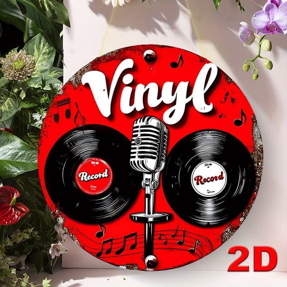 HELLOYOUNG Vintage Record Wall Sign 2D Flat Aluminum Retro Music Decor with Mic & Vinyl Player, Waterproof Anti-Corrosion Pre-Drilled for Bar Home