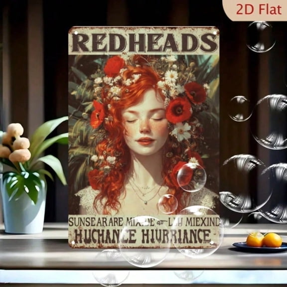 HELLOYOUNG Vintage Red Hair Girl Metal Tin Sign 8x12 Inch - Retro Redhead Wall Art with Floral Headpiece, Funny Sunshine Home Decor